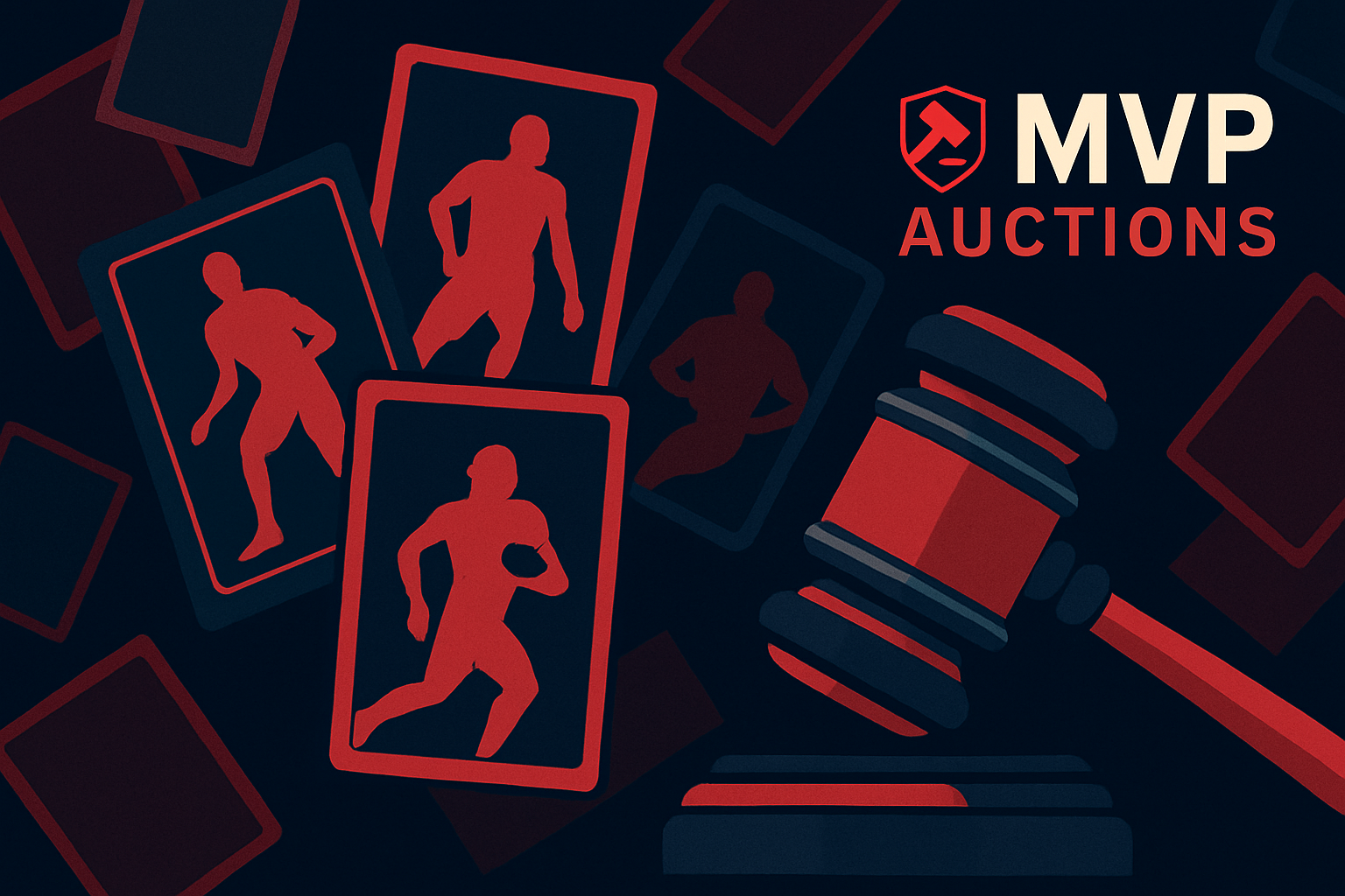 Sports cards and gavel abstract background