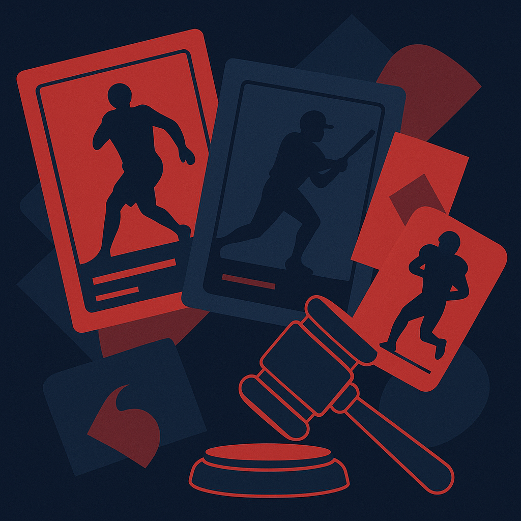 Stylised sports cards collage with gavel